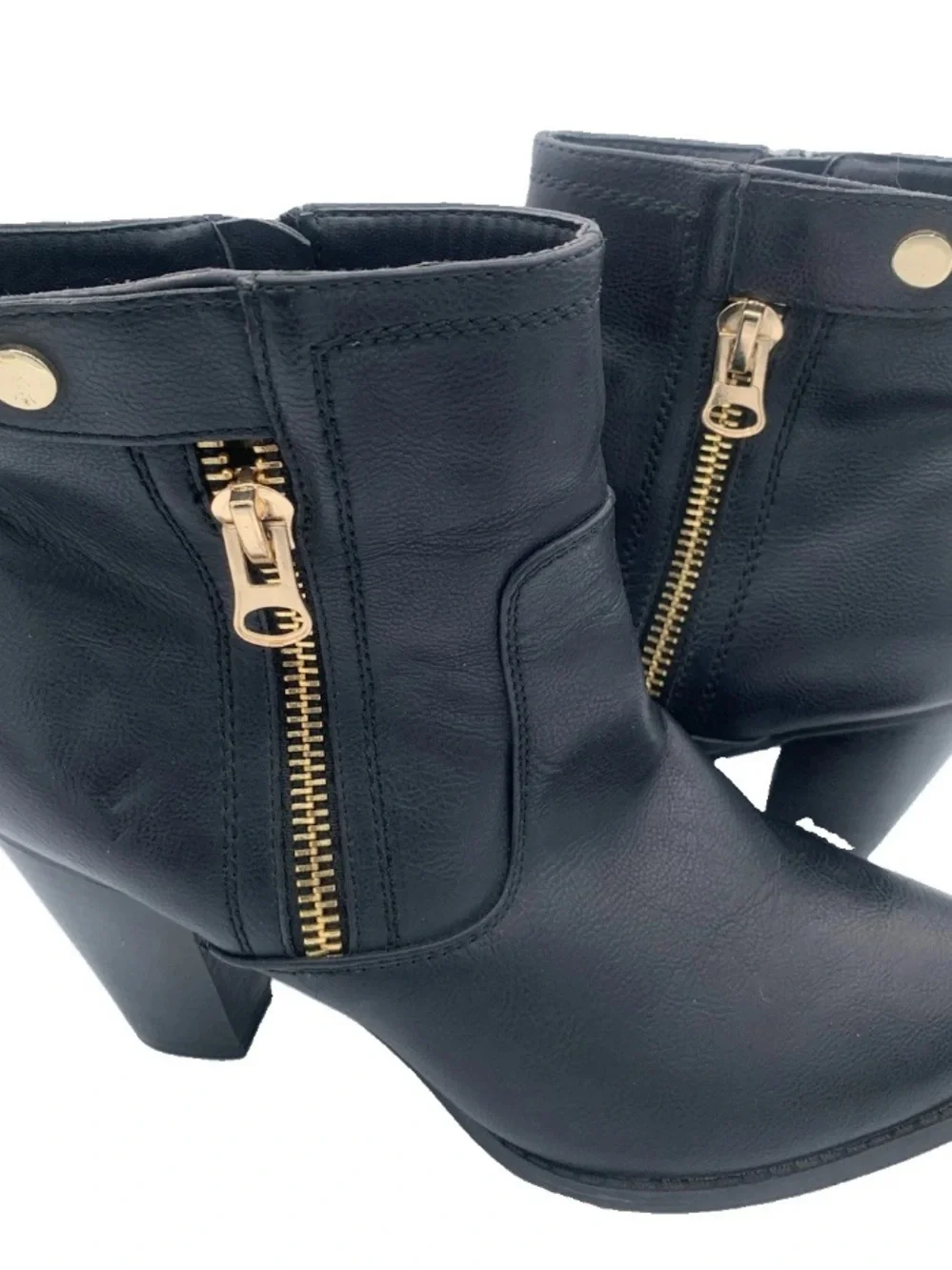 Apt 9 Claudine Gold Hardware Detail Vegan Black Leather Block Heel Boots Sz 10
